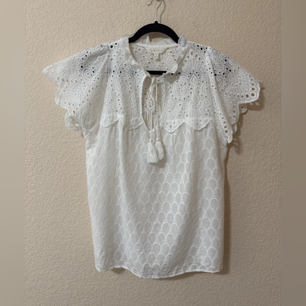 ADIVA White flutter sleeve Eyelet‎ Blouse Top Sz M cottagecore ballet core Boxy